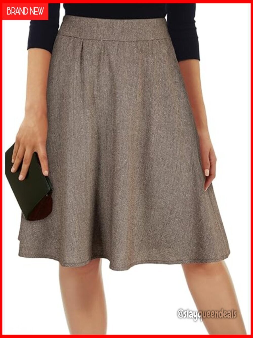 Tweed High Waisted Flared Midi Skirt with Pockets A-Line Pleated